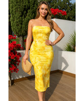 Comprar vestido midi tomara que caia estampado tie dye amarelo laranja feminino festa verão barato ou em promoção ZARA
